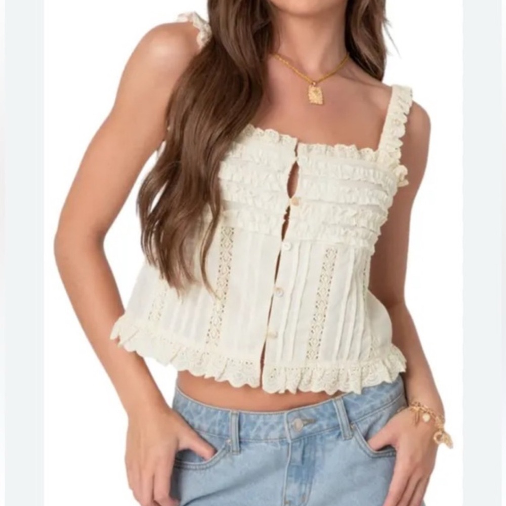 Zara Ivory Ruffle Button Tank Top